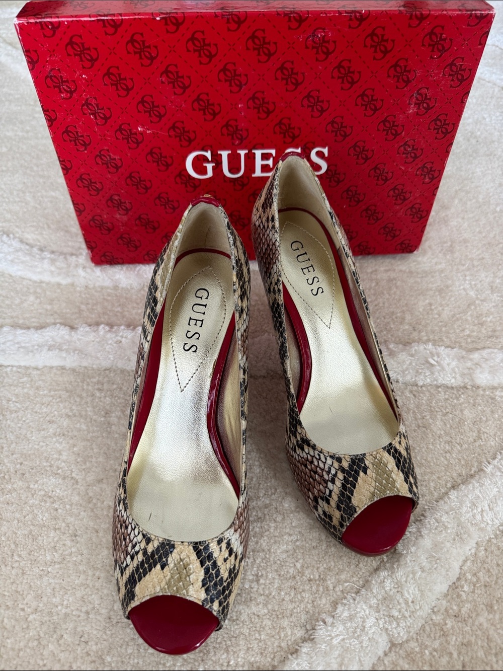 GUESS Snake-Print Peep-Toe Heels with Red Accents